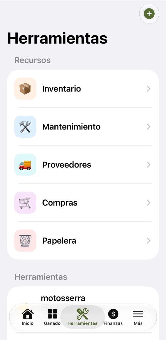 Pantalla de Herramientas en Bovitra